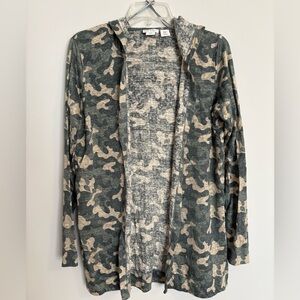 Nicole Miller Womens 100% Linen Green Camo Hooded Open Cardigan M Lightweight